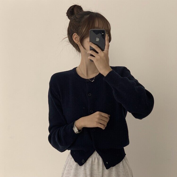 스노우 라운드 겨울 무지 베이직 캐주얼 허리잘록 기본 긴팔 가디건 블랙