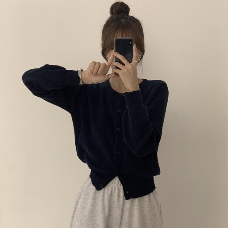 스노우 라운드 겨울 무지 베이직 캐주얼 허리잘록 기본 긴팔 가디건 블랙