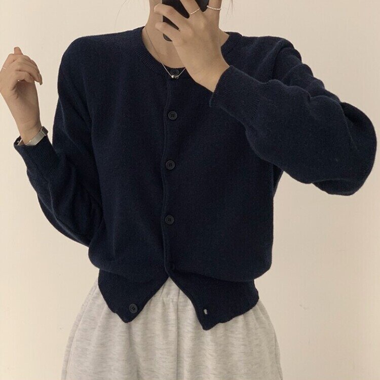 스노우 라운드 겨울 무지 베이직 캐주얼 허리잘록 기본 긴팔 가디건 네이비