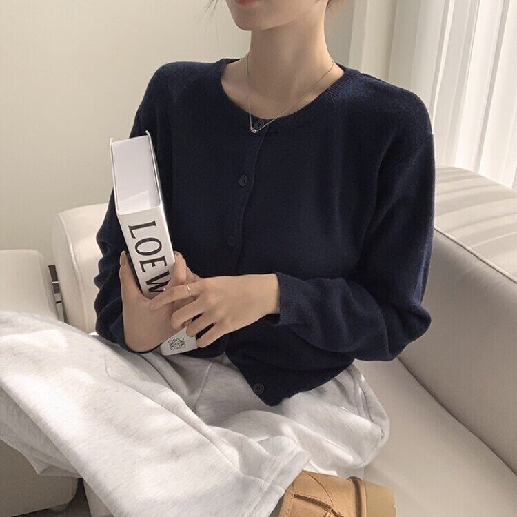 스노우 라운드 겨울 무지 베이직 캐주얼 허리잘록 기본 긴팔 가디건 네이비