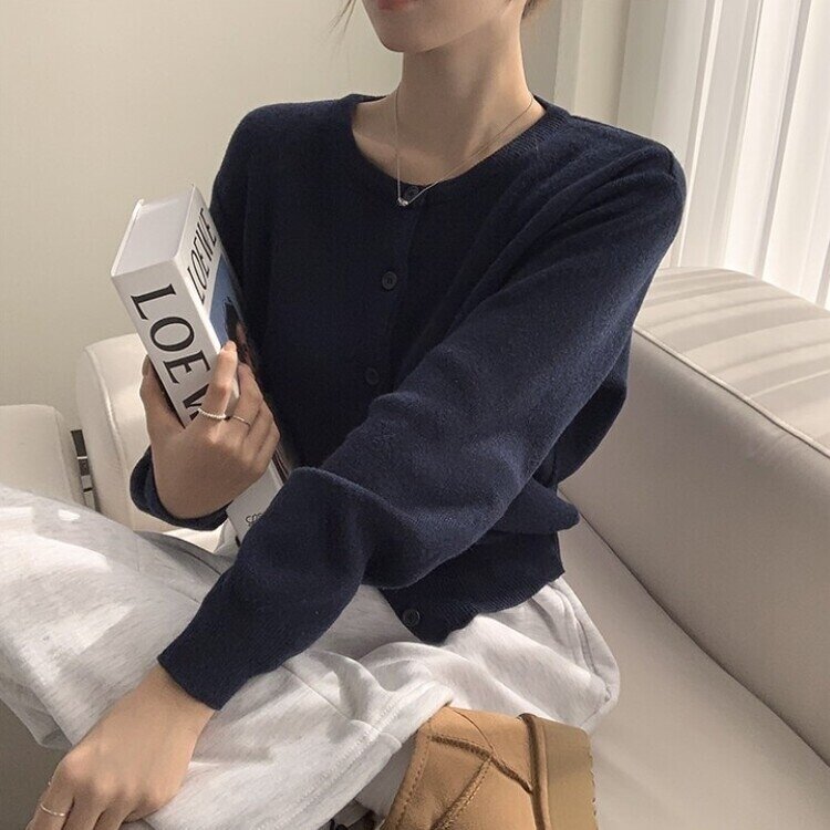 스노우 라운드 겨울 무지 베이직 캐주얼 허리잘록 기본 긴팔 가디건 네이비