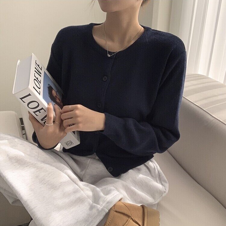 스노우 라운드 겨울 무지 베이직 캐주얼 허리잘록 기본 긴팔 가디건 네이비