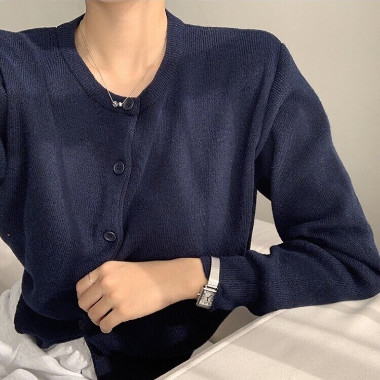 스노우 라운드 겨울 무지 베이직 캐주얼 허리잘록 기본 긴팔 가디건 네이비