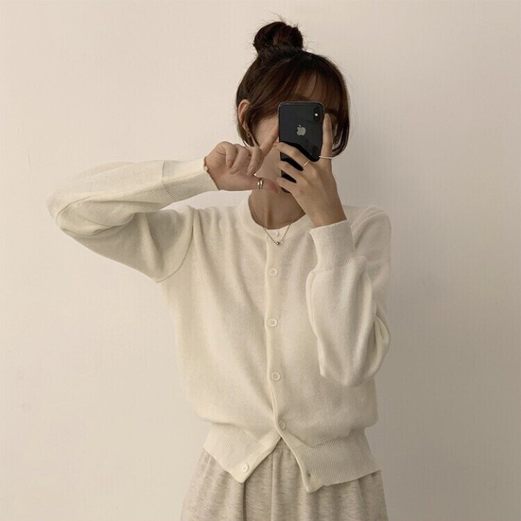 스노우 라운드 겨울 무지 베이직 캐주얼 허리잘록 기본 긴팔 가디건 화이트