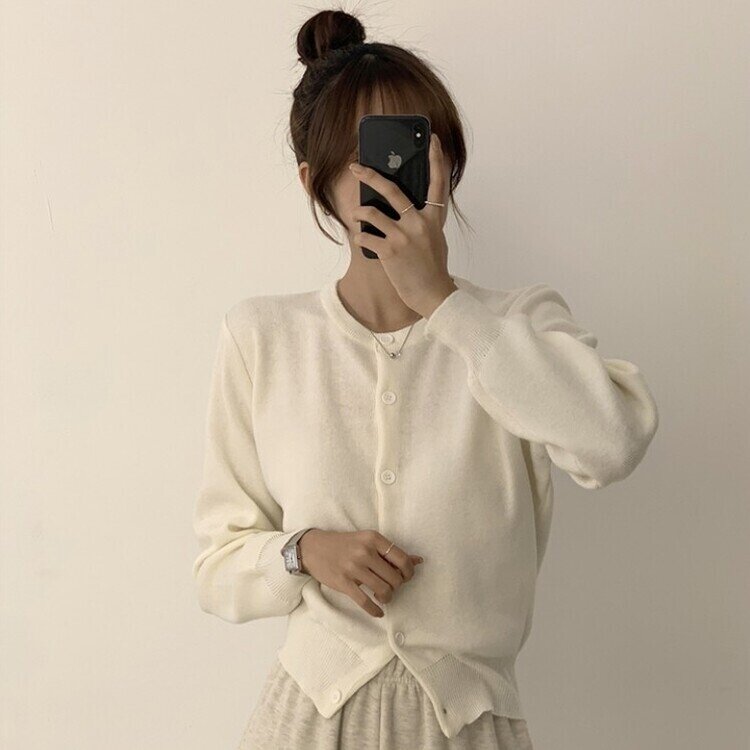 스노우 라운드 겨울 무지 베이직 캐주얼 허리잘록 기본 긴팔 가디건 화이트