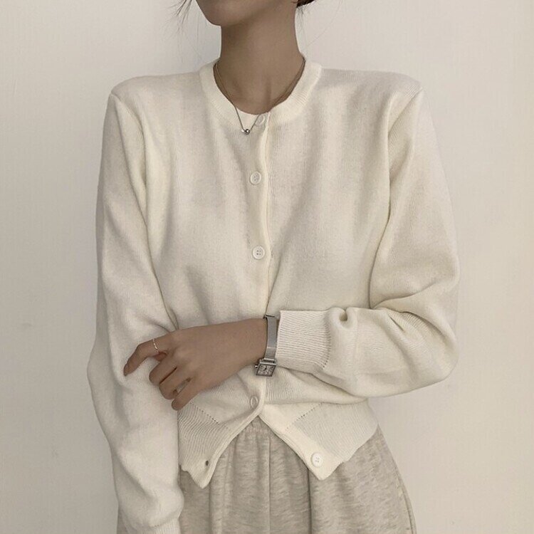 스노우 라운드 겨울 무지 베이직 캐주얼 허리잘록 기본 긴팔 가디건 화이트