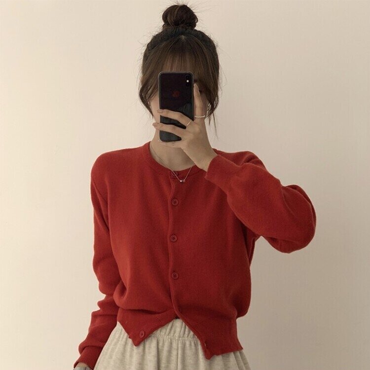 스노우 라운드 겨울 무지 베이직 캐주얼 허리잘록 기본 긴팔 가디건 레드