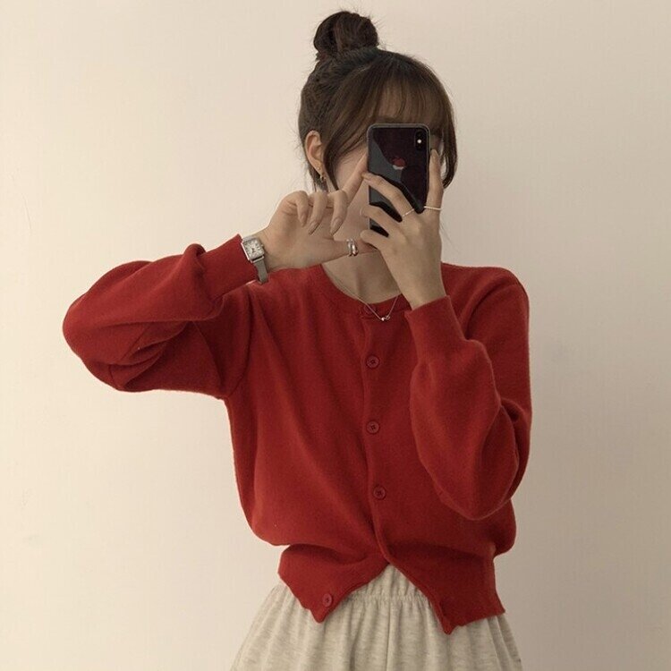 스노우 라운드 겨울 무지 베이직 캐주얼 허리잘록 기본 긴팔 가디건 레드