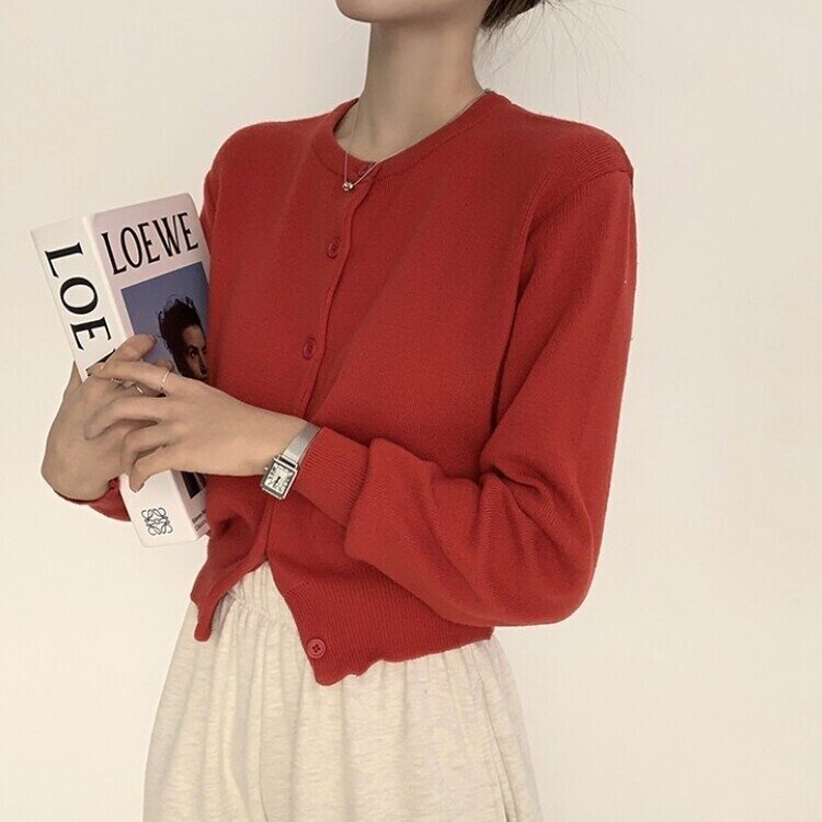 스노우 라운드 겨울 무지 베이직 캐주얼 허리잘록 기본 긴팔 가디건 레드