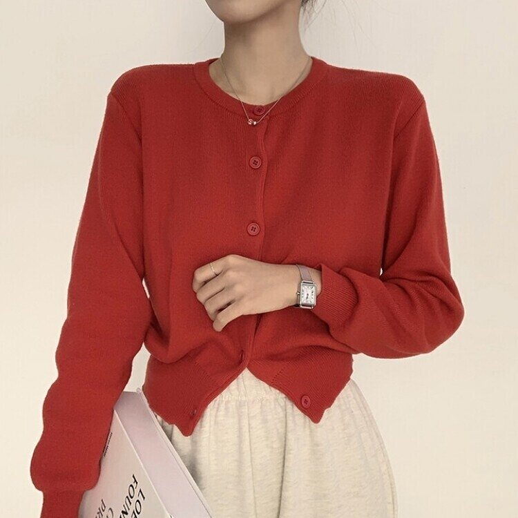 스노우 라운드 겨울 무지 베이직 캐주얼 허리잘록 기본 긴팔 가디건 레드