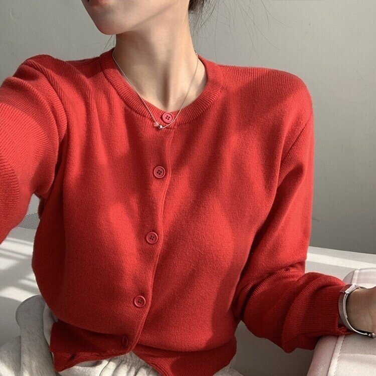 스노우 라운드 겨울 무지 베이직 캐주얼 허리잘록 기본 긴팔 가디건 레드