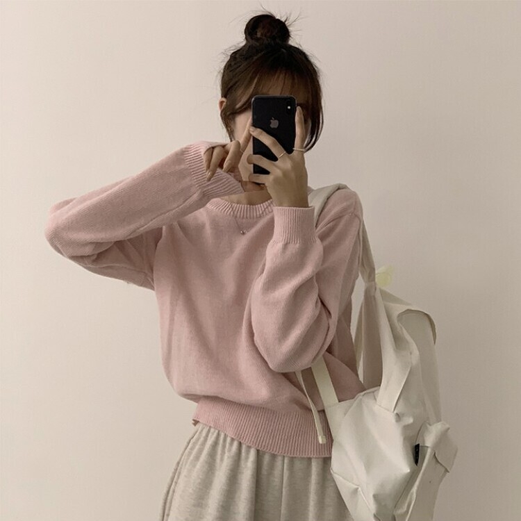 에리카 봄옷 라운드 램스울 긴팔 허리잘록 무지 데일리 베이직 오버핏 니트 연핑크