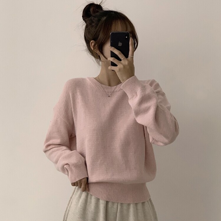 에리카 봄옷 라운드 램스울 긴팔 허리잘록 무지 데일리 베이직 오버핏 니트 연핑크