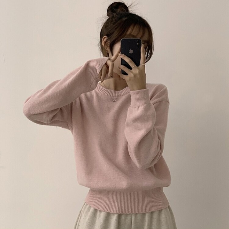 에리카 봄옷 라운드 램스울 긴팔 허리잘록 무지 데일리 베이직 오버핏 니트 연핑크