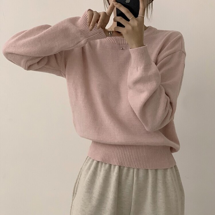 에리카 봄옷 라운드 램스울 긴팔 허리잘록 무지 데일리 베이직 오버핏 니트 연핑크