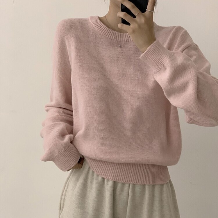 에리카 봄옷 라운드 램스울 긴팔 허리잘록 무지 데일리 베이직 오버핏 니트 연핑크