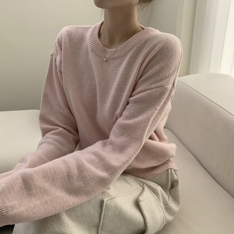 에리카 봄옷 라운드 램스울 긴팔 허리잘록 무지 데일리 베이직 오버핏 니트 연핑크