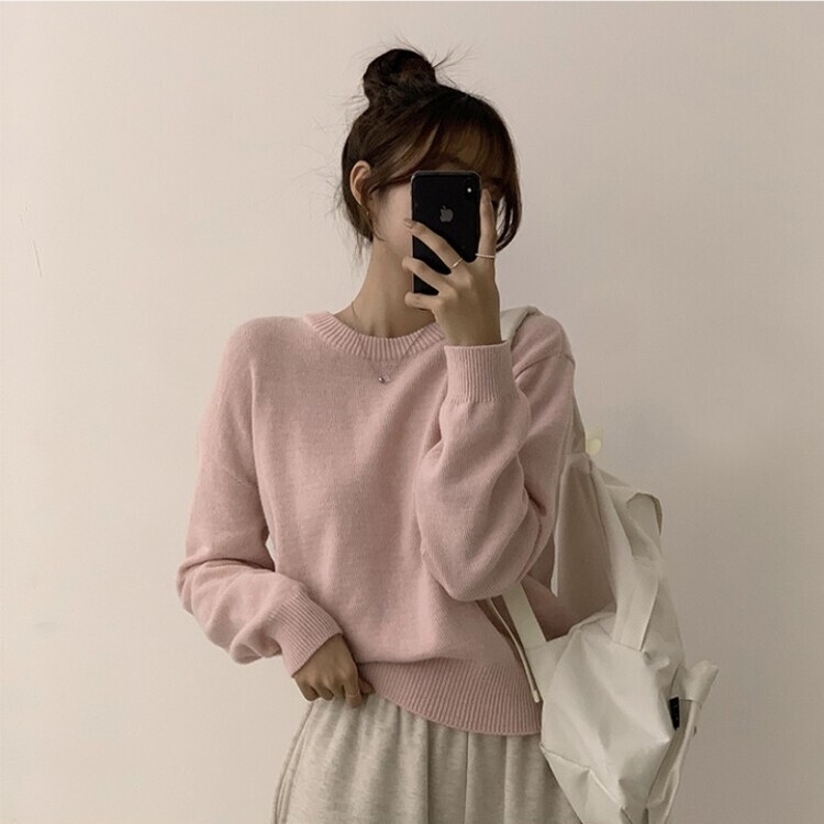 에리카 봄옷 라운드 램스울 긴팔 허리잘록 무지 데일리 베이직 오버핏 니트 연핑크