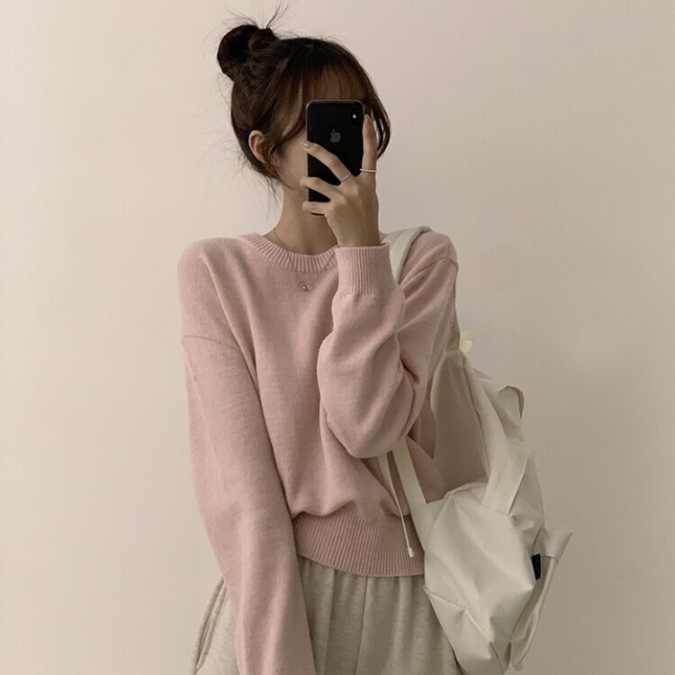 에리카 봄옷 라운드 램스울 긴팔 허리잘록 무지 데일리 베이직 오버핏 니트 연핑크