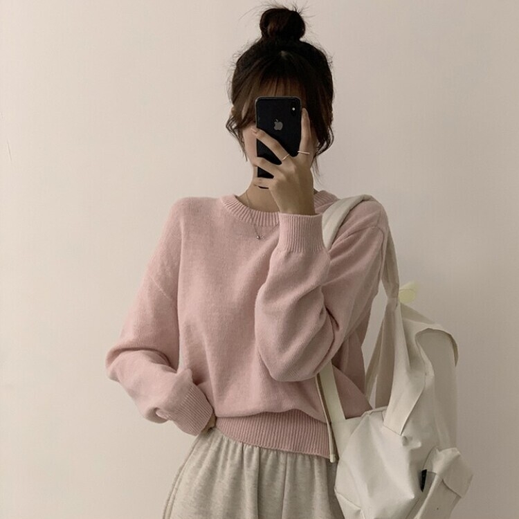 에리카 봄옷 라운드 램스울 긴팔 허리잘록 무지 데일리 베이직 오버핏 니트 연핑크