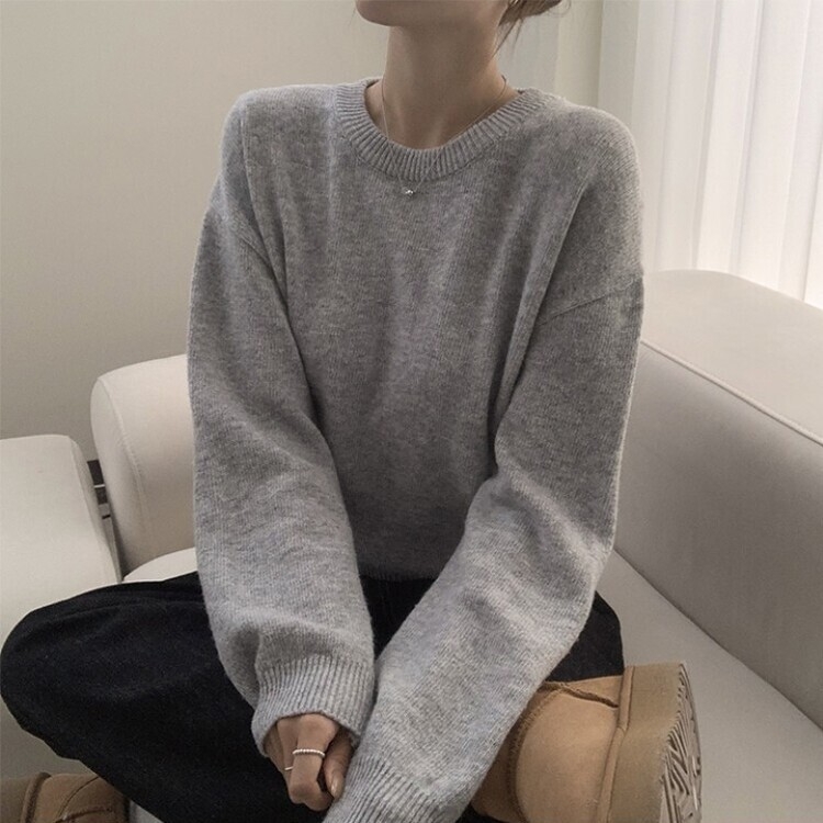 에리카 봄옷 라운드 램스울 긴팔 허리잘록 무지 데일리 베이직 오버핏 니트 라이트그레이