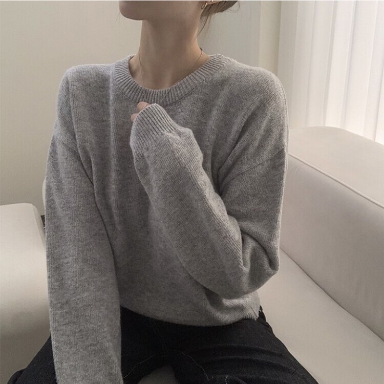 에리카 봄옷 라운드 램스울 긴팔 허리잘록 무지 데일리 베이직 오버핏 니트 라이트그레이