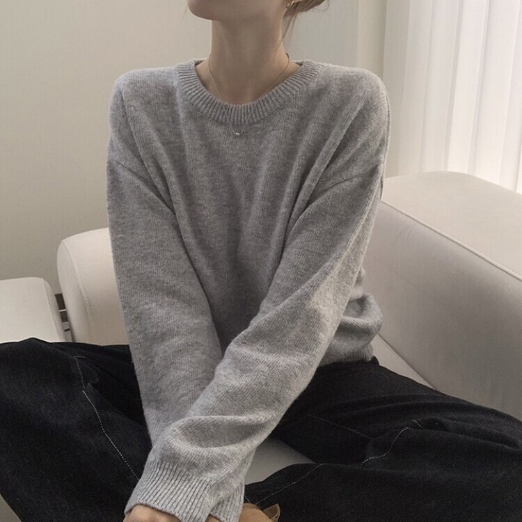 에리카 봄옷 라운드 램스울 긴팔 허리잘록 무지 데일리 베이직 오버핏 니트 라이트그레이