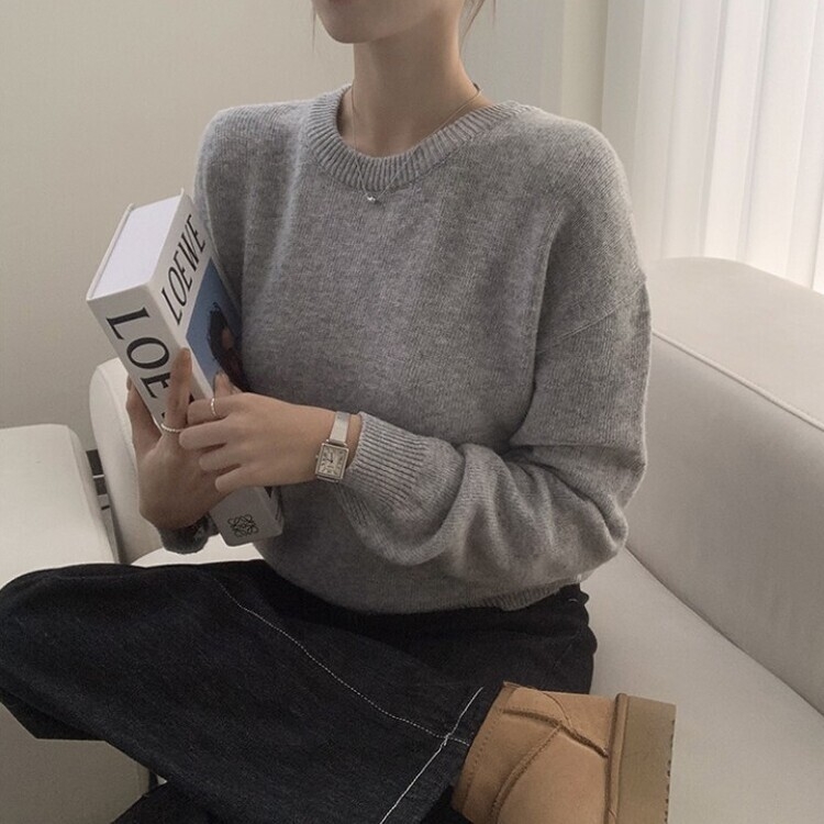 에리카 봄옷 라운드 램스울 긴팔 허리잘록 무지 데일리 베이직 오버핏 니트 라이트그레이