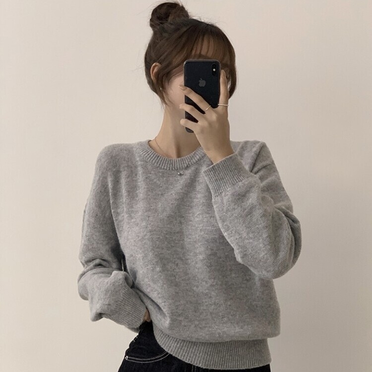 에리카 봄옷 라운드 램스울 긴팔 허리잘록 무지 데일리 베이직 오버핏 니트 라이트그레이