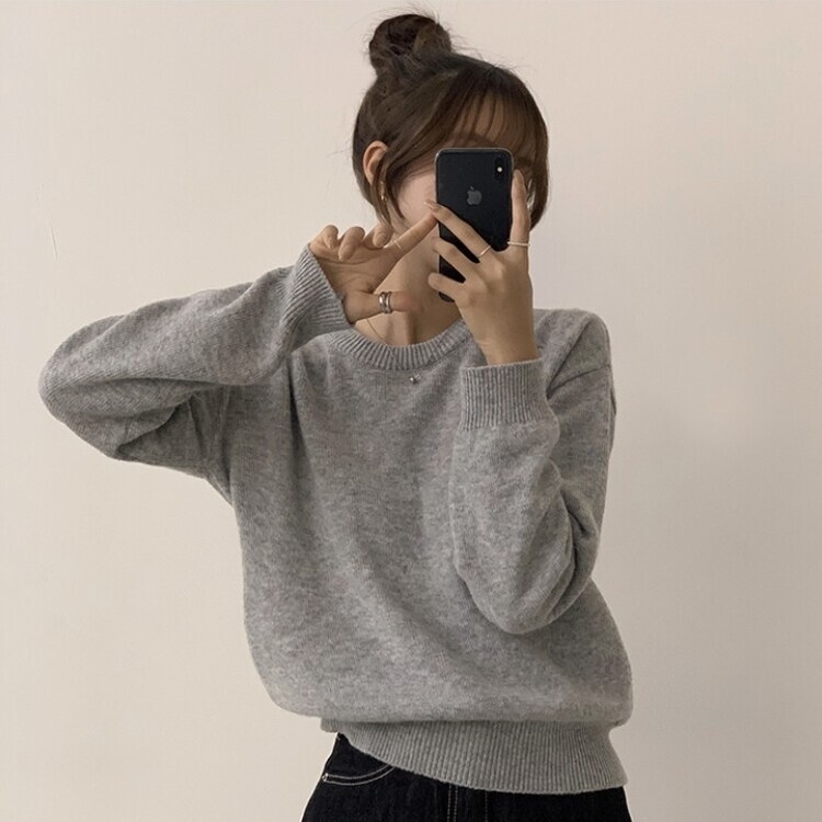 에리카 봄옷 라운드 램스울 긴팔 허리잘록 무지 데일리 베이직 오버핏 니트 라이트그레이