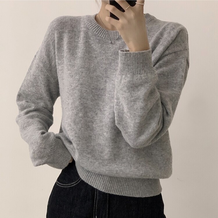 에리카 봄옷 라운드 램스울 긴팔 허리잘록 무지 데일리 베이직 오버핏 니트 라이트그레이