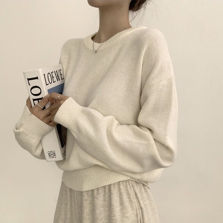 에리카 봄옷 라운드 램스울 긴팔 허리잘록 무지 데일리 베이직 오버핏 니트 아이보리