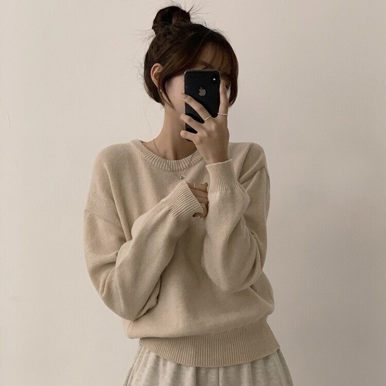 에리카 봄옷 라운드 램스울 긴팔 허리잘록 무지 데일리 베이직 오버핏 니트 베이지