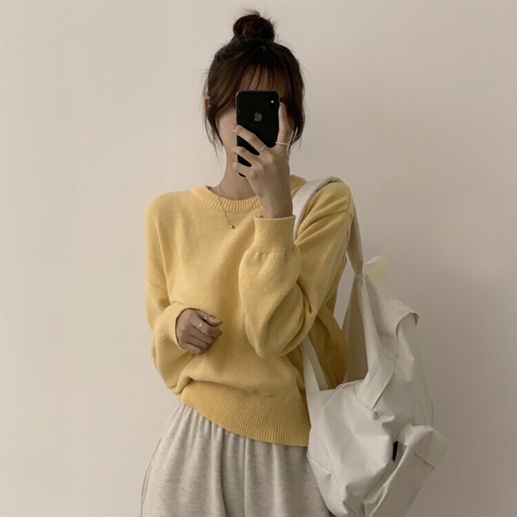 에리카 봄옷 라운드 램스울 긴팔 허리잘록 무지 데일리 베이직 오버핏 니트 옐로우