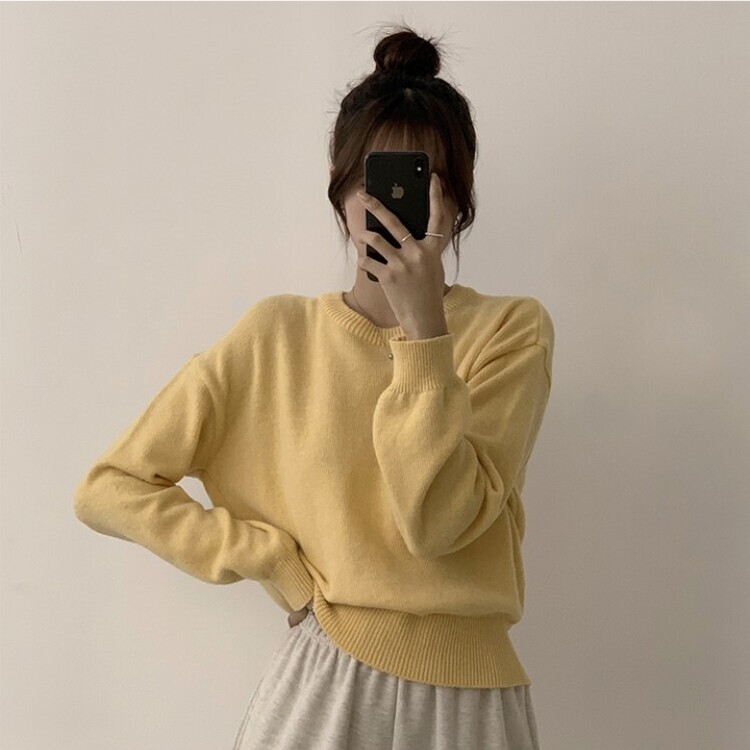 에리카 봄옷 라운드 램스울 긴팔 허리잘록 무지 데일리 베이직 오버핏 니트 옐로우