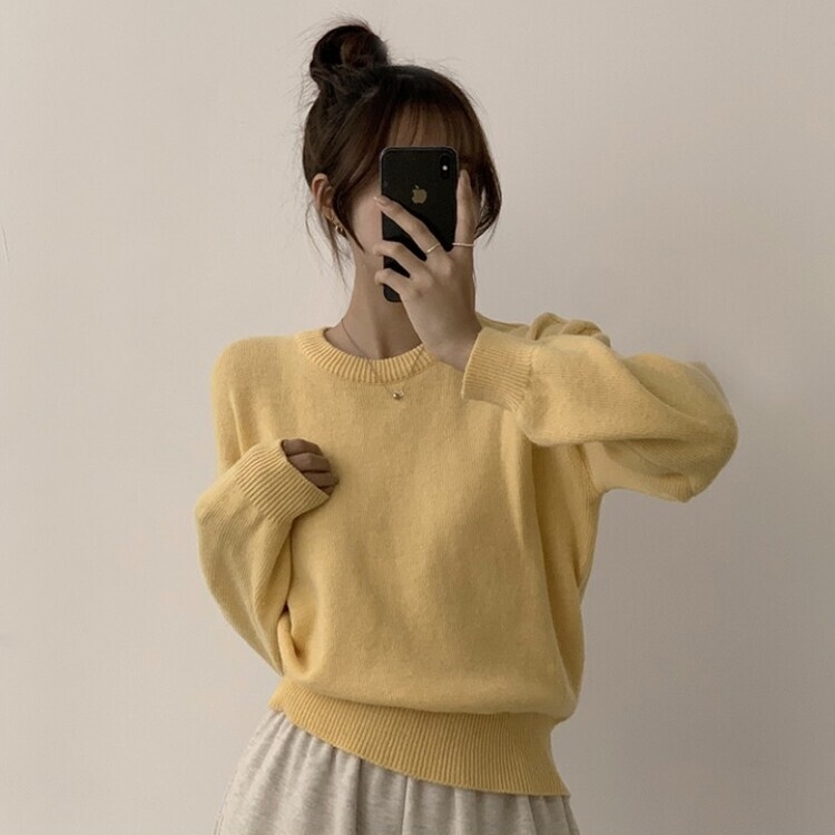 에리카 봄옷 라운드 램스울 긴팔 허리잘록 무지 데일리 베이직 오버핏 니트 옐로우
