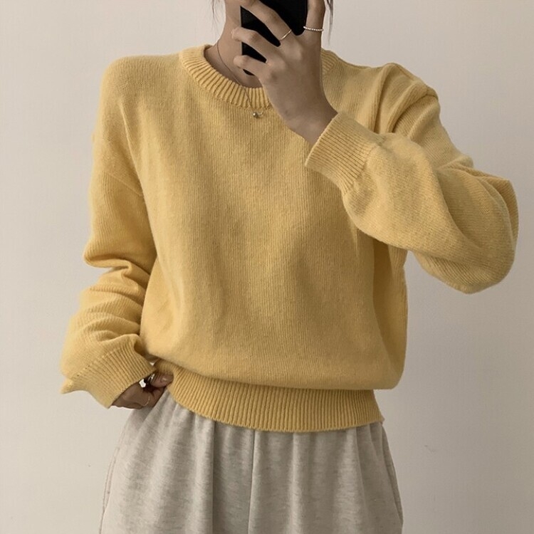 에리카 봄옷 라운드 램스울 긴팔 허리잘록 무지 데일리 베이직 오버핏 니트 옐로우