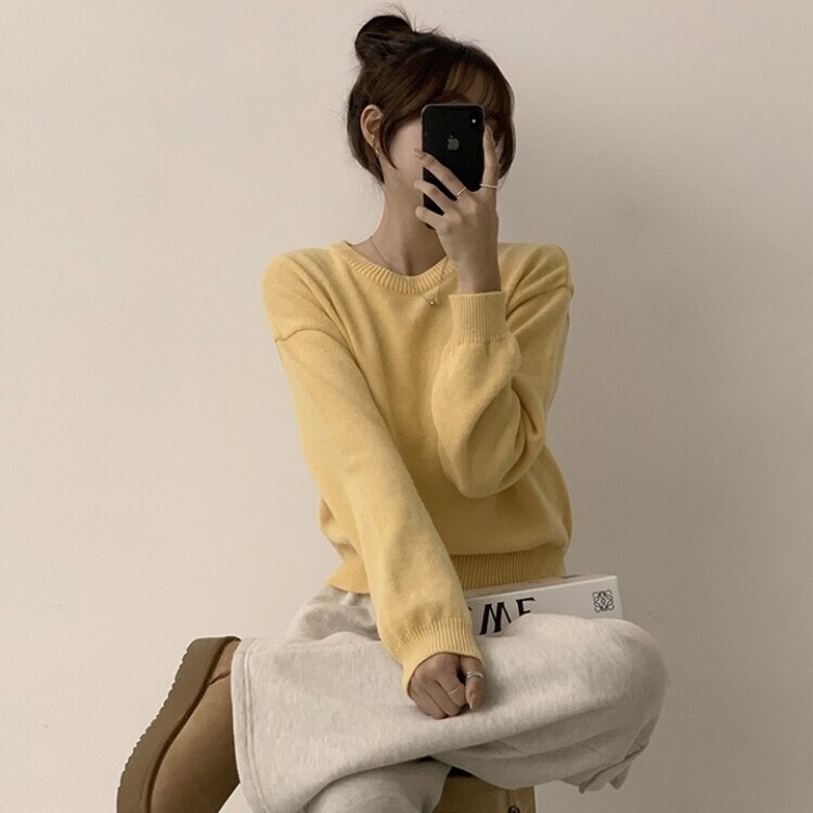 에리카 봄옷 라운드 램스울 긴팔 허리잘록 무지 데일리 베이직 오버핏 니트 옐로우
