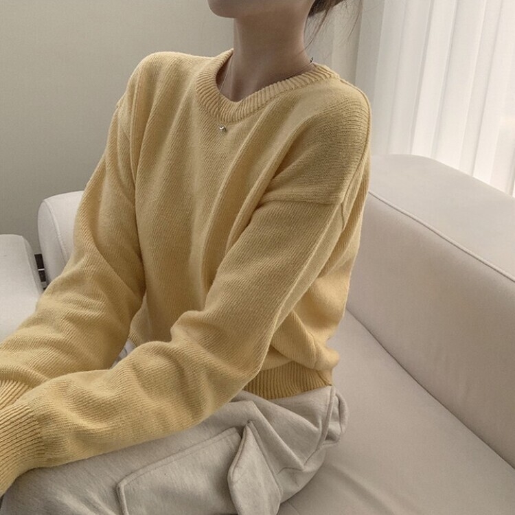에리카 봄옷 라운드 램스울 긴팔 허리잘록 무지 데일리 베이직 오버핏 니트 옐로우