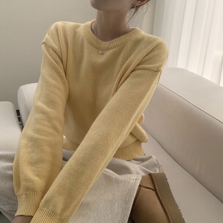 에리카 봄옷 라운드 램스울 긴팔 허리잘록 무지 데일리 베이직 오버핏 니트 옐로우