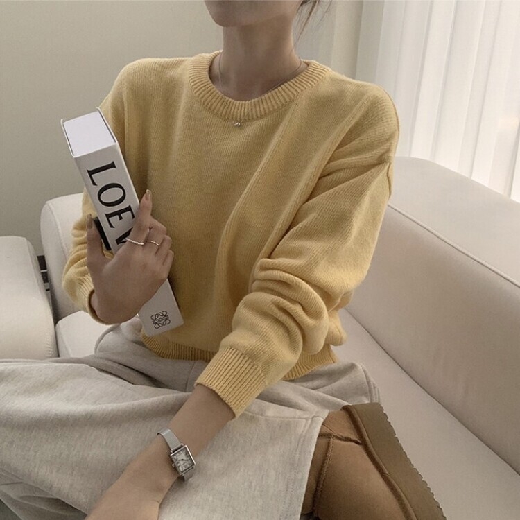 에리카 봄옷 라운드 램스울 긴팔 허리잘록 무지 데일리 베이직 오버핏 니트 옐로우