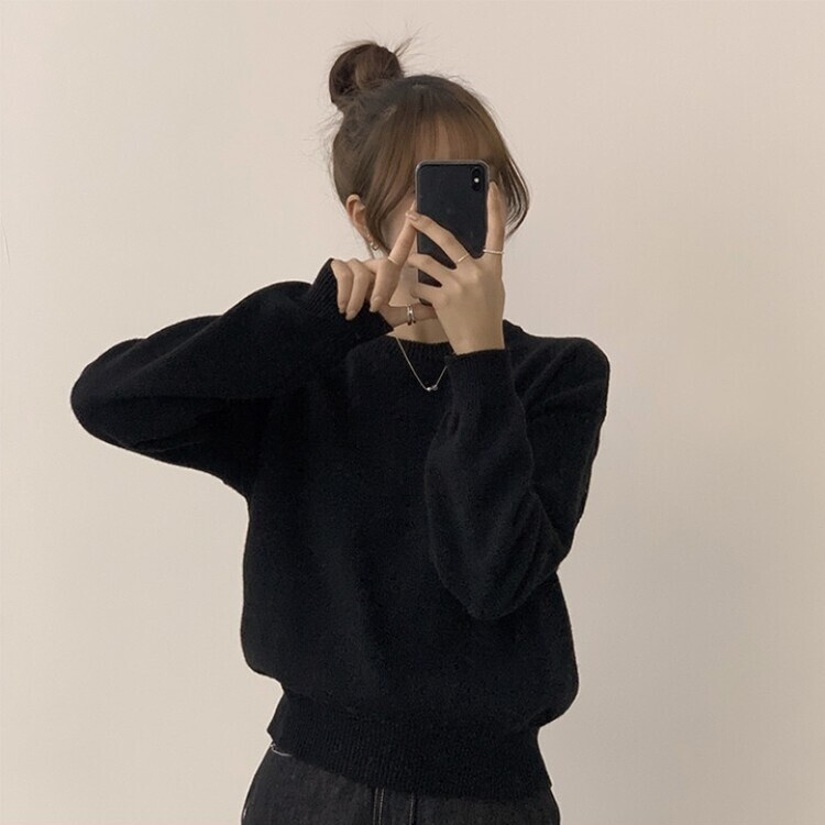 에리카 봄옷 라운드 램스울 긴팔 허리잘록 무지 데일리 베이직 오버핏 니트 블랙