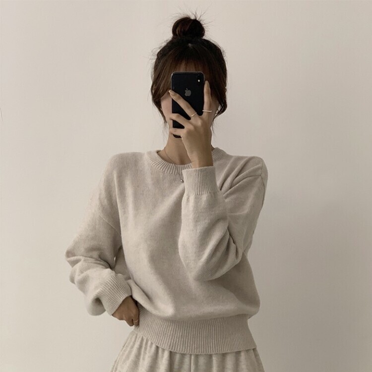 에리카 봄옷 라운드 램스울 긴팔 허리잘록 무지 데일리 베이직 오버핏 니트 오트그레이