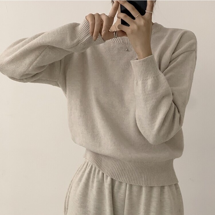 에리카 봄옷 라운드 램스울 긴팔 허리잘록 무지 데일리 베이직 오버핏 니트 오트그레이