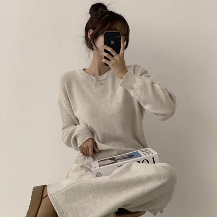 에리카 봄옷 라운드 램스울 긴팔 허리잘록 무지 데일리 베이직 오버핏 니트 오트그레이