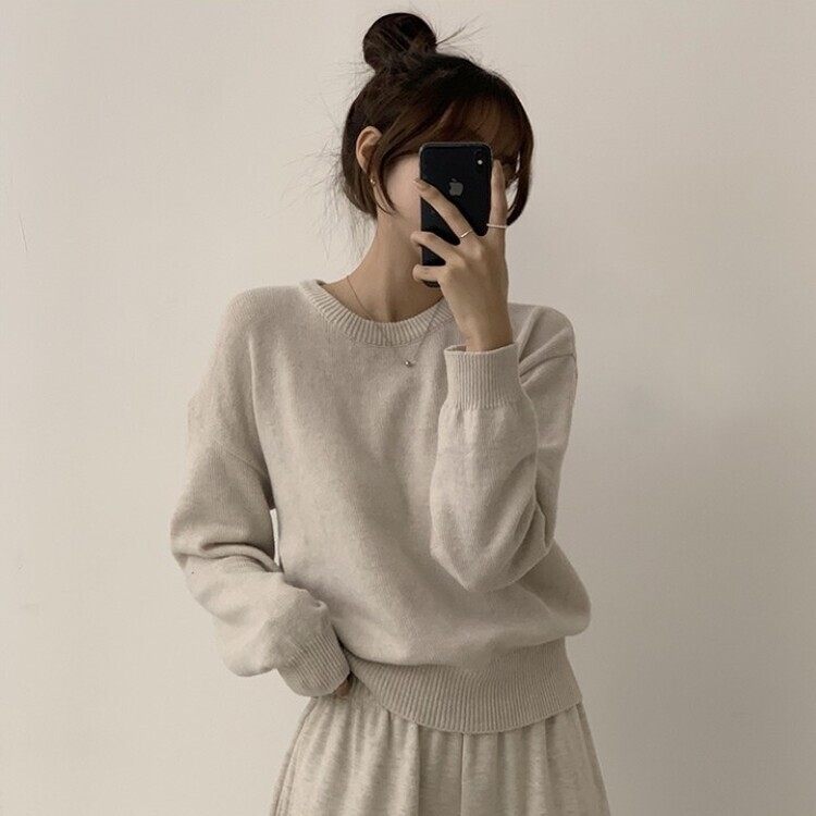 에리카 봄옷 라운드 램스울 긴팔 허리잘록 무지 데일리 베이직 오버핏 니트 오트그레이