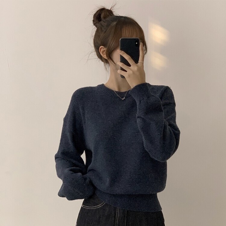 에리카 봄옷 라운드 램스울 긴팔 허리잘록 무지 데일리 베이직 오버핏 니트 곤색