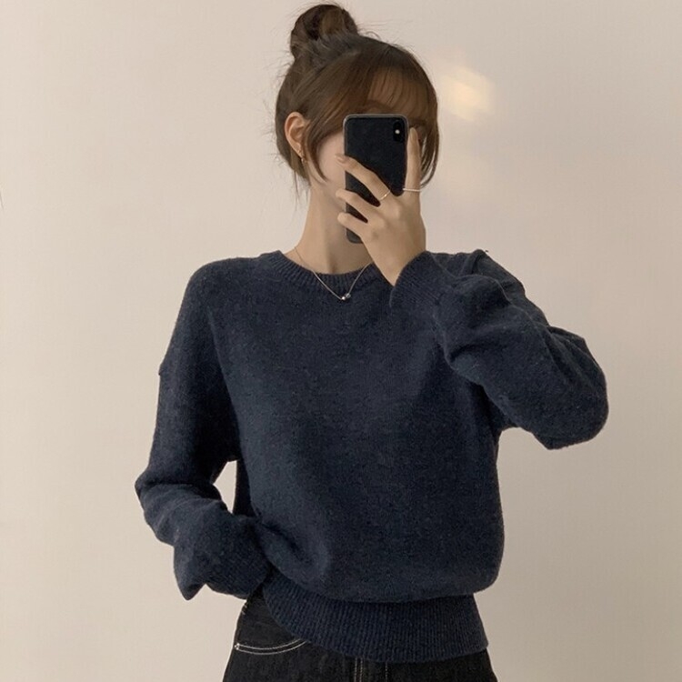 에리카 봄옷 라운드 램스울 긴팔 허리잘록 무지 데일리 베이직 오버핏 니트 곤색