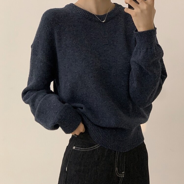 에리카 봄옷 라운드 램스울 긴팔 허리잘록 무지 데일리 베이직 오버핏 니트 곤색