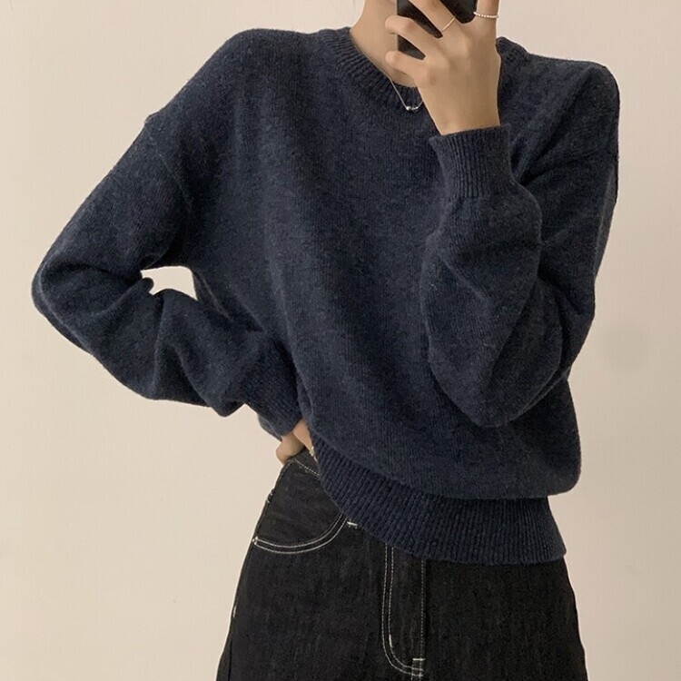 에리카 봄옷 라운드 램스울 긴팔 허리잘록 무지 데일리 베이직 오버핏 니트 곤색